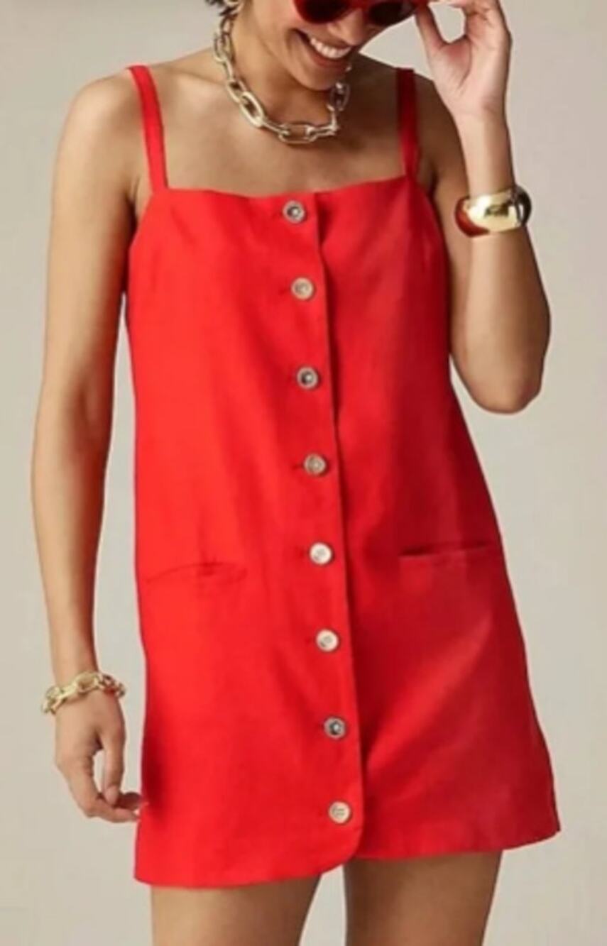 J.Crew NWT Claudia Linen Button Front Mini Shift Dress Red CC077 Size Small